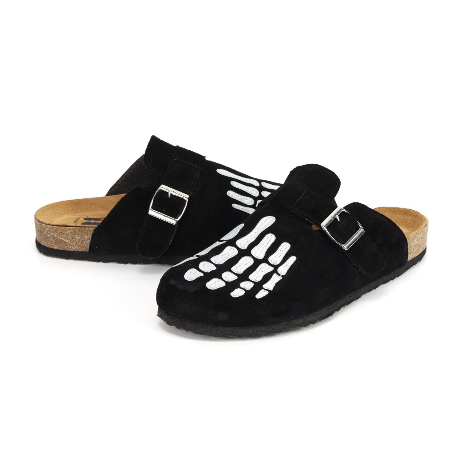 Black Faux-Suede Skeleton Bone Embroidery Clog Mules - Image 2