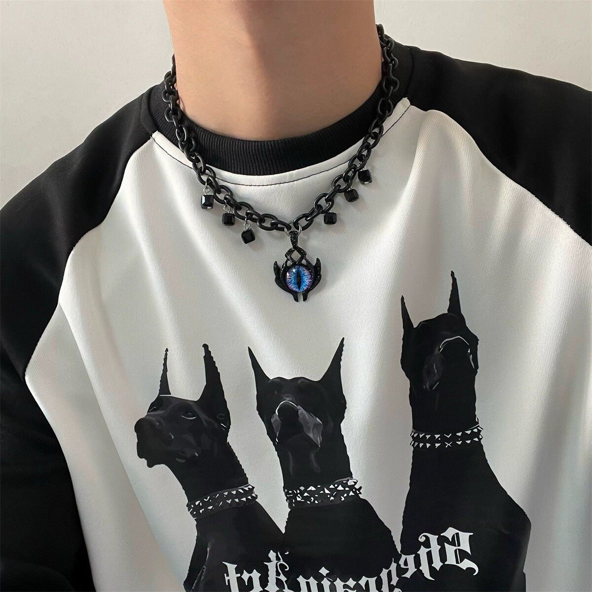 Gothic Punk Black Spike and Star Choker Necklace with Blue Heart Pendant